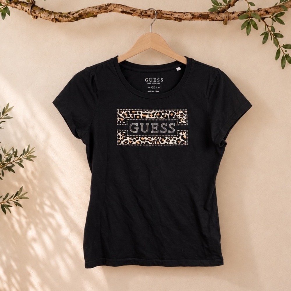 Guess Los Angeles Black Leopard Rhinestone Graphic T-Shirt Women Medium